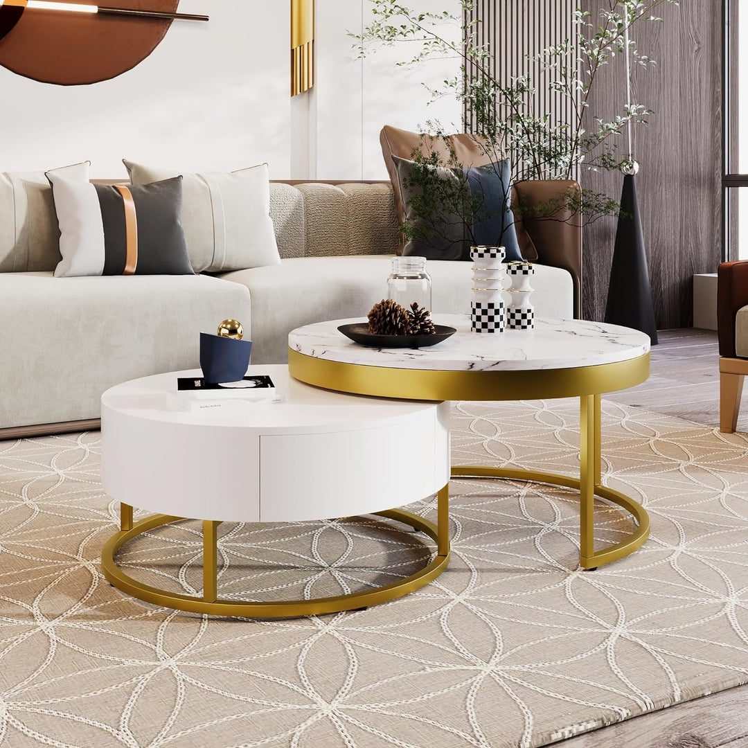 Modern Round Nesting Coffee Table with Drawers, Goldenwhite