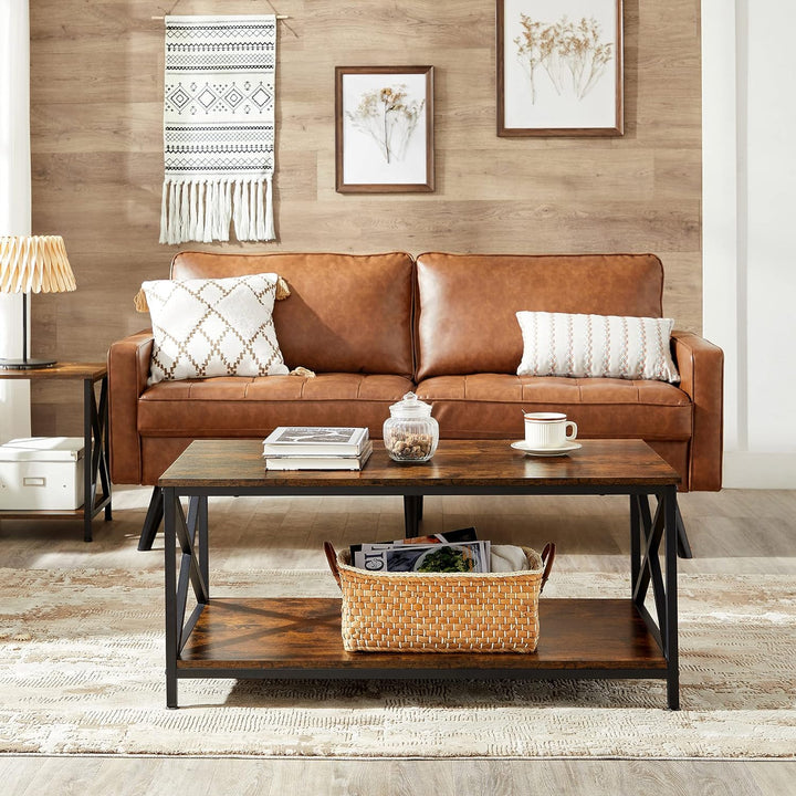 Rustic Coffee Table with Storage Shelf, Industrial Farmhouse