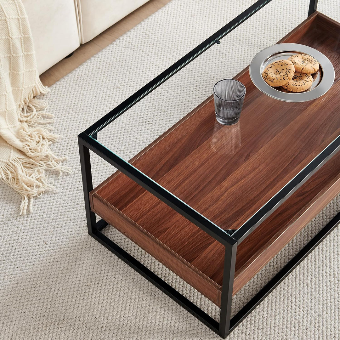 Dual-Layer Glass Coffee Table, Walnut Wood Panels, Black Frame