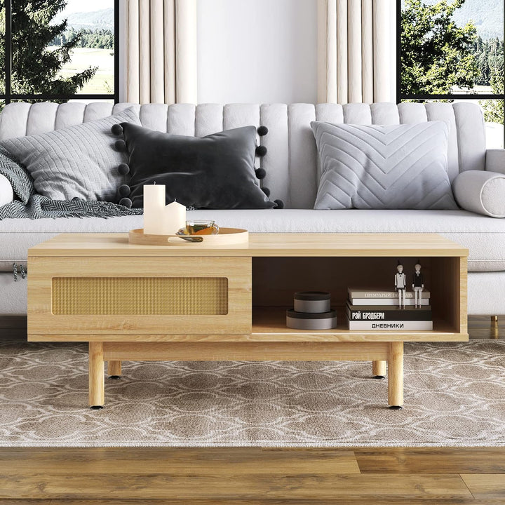 Mid-Century Modern Coffee Table with Sliding Door, Rattan Wood