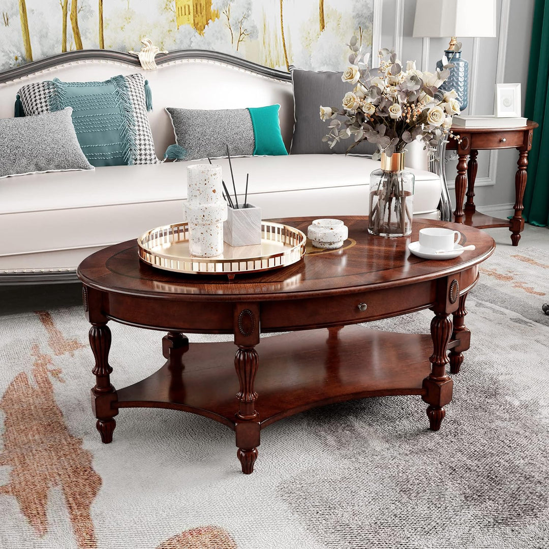 Solid Wood Oval Coffee Table with Storage Drawer, Cherry Walnut