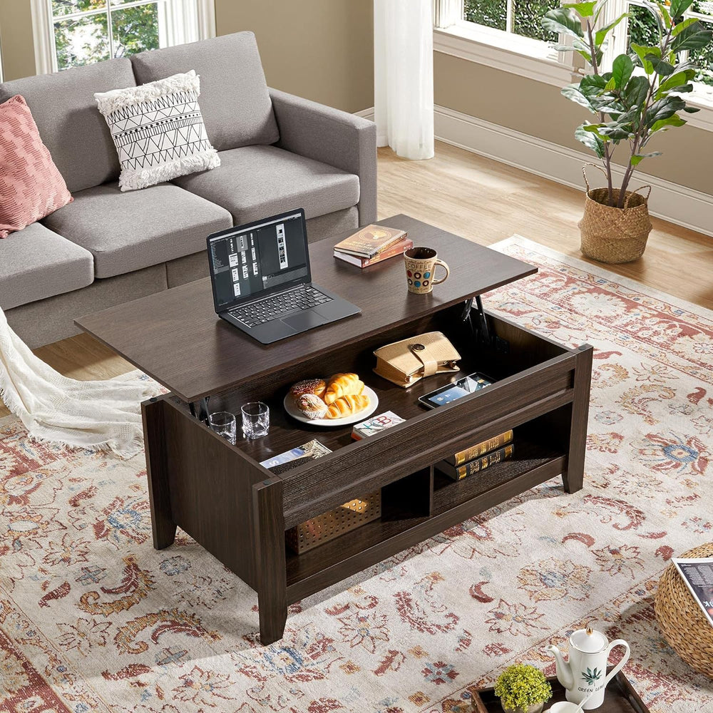 Lift Top Coffee Table with Hidden Storage and Open Shelves, Espresso