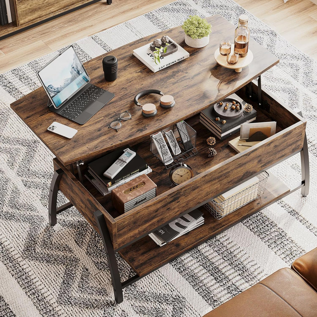 Lift Top Coffee Table with Storage, Industrial Mesh Shelves, Brown