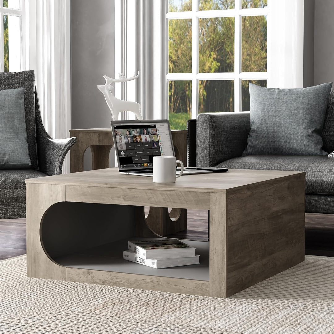 Galano Janus Modern Rectangular Coffee Table, 2-Tier, Knotty Grey Oak