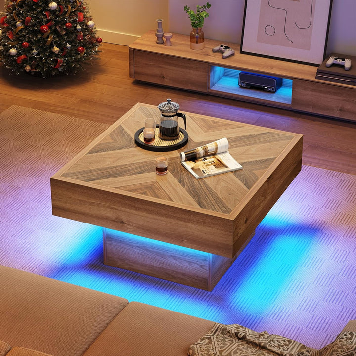 Farmhouse Coffee Table, Square Wood LED Table with Storage, Brown