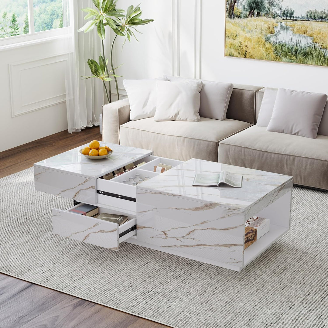 LED Coffee Table, Modern Center Table with Drawers, Ivory White