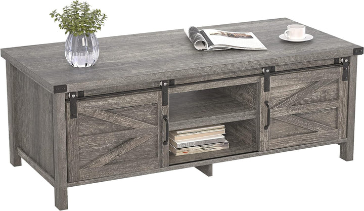 Farmhouse Coffee Table with Hidden Storage, Sliding Doors, Dark Grey