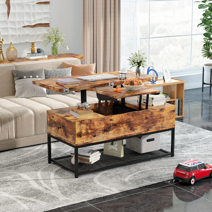 Lift Top Coffee Table w/ Storage Drawers, Hidden Compartment, Rustic