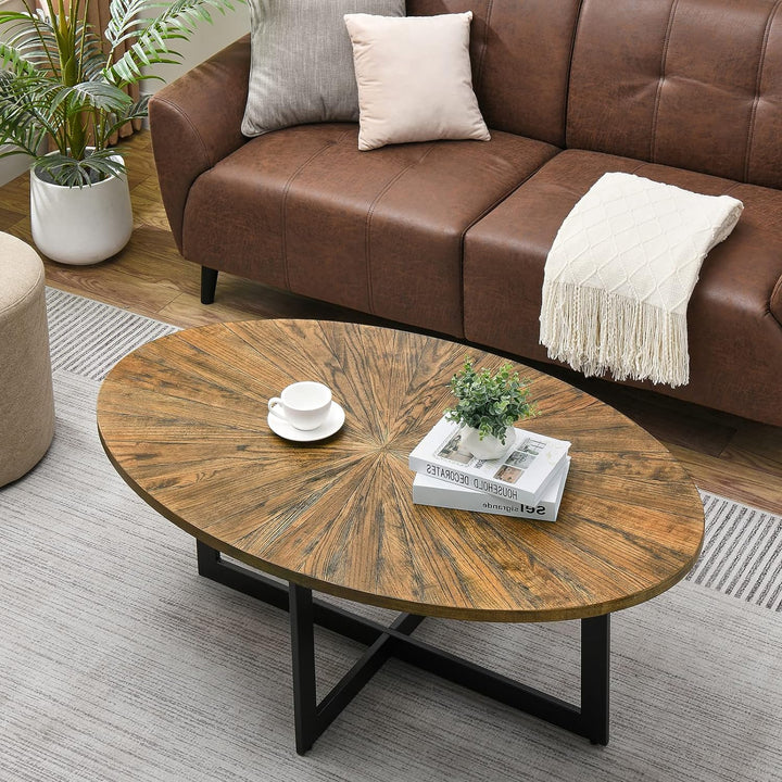 Rustic Oval Coffee Table with Cross Metal Legs, Solid Wood