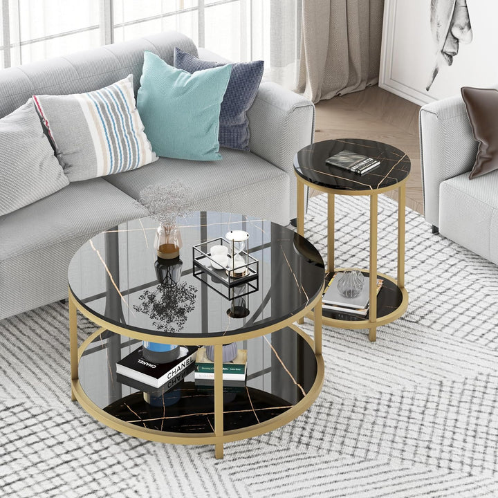 Round Side Table, Modern Nightstand End Table with Gold Metal Frame &Faux Marble Top