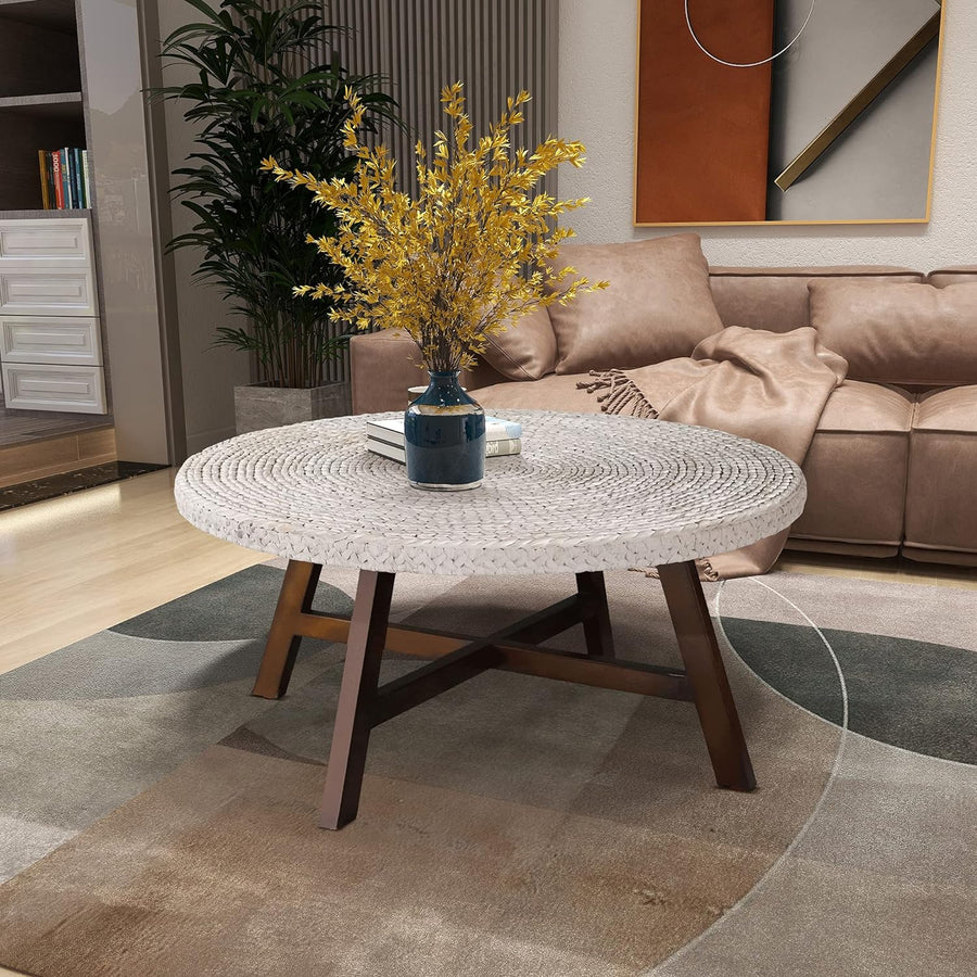 Seagrass Coffee Table with Pine Wood X Base, Whitewash