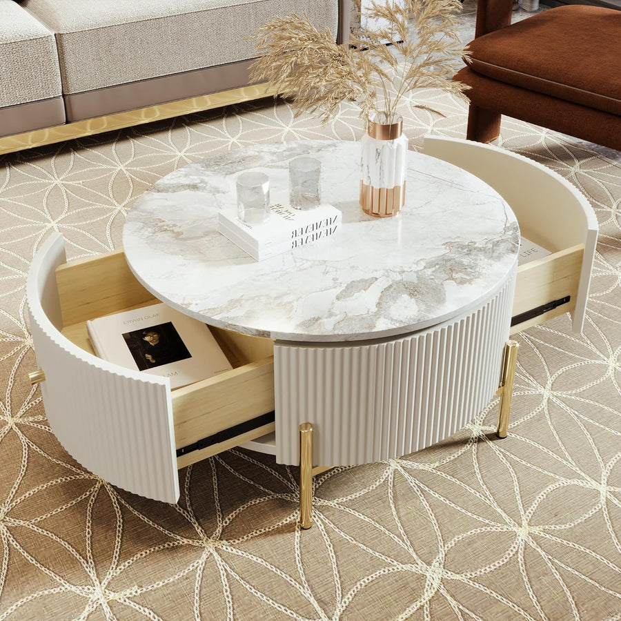 Modern Round Coffee Table with Drawers, Circular Center Table, Off White