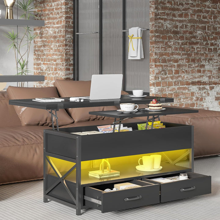 Farmhouse Coffee Table with LED Light, Power Outlet, Hidden Compartments, Black