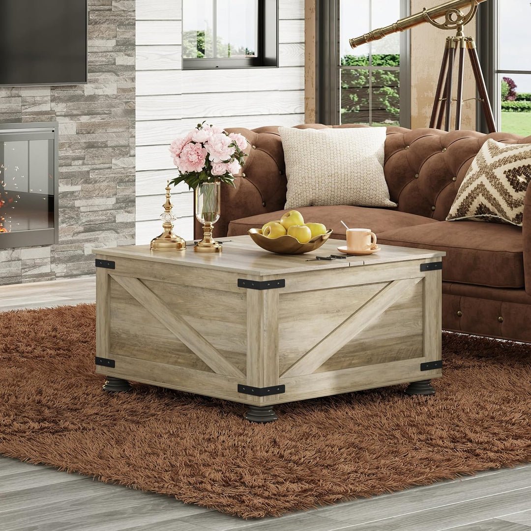 Farmhouse Coffee Table with Storage, Square Wood Center Table, Grey Oak