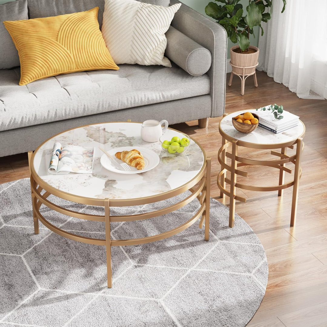 Elegant Sintered Stone Coffee Table, Sturdy Metal Frame, Golden