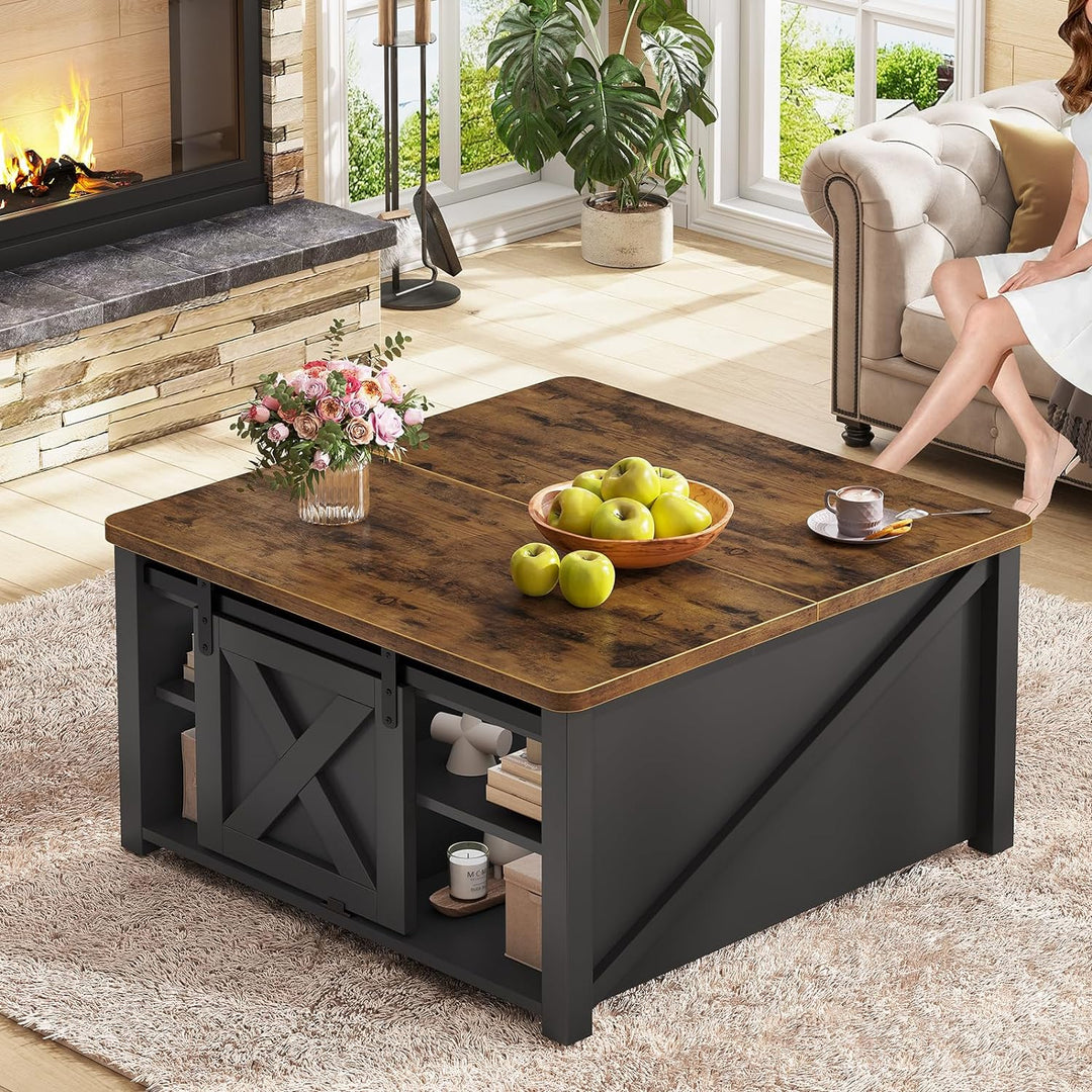 Lift Top Coffee Table with Storage, Farmhouse Square, Black