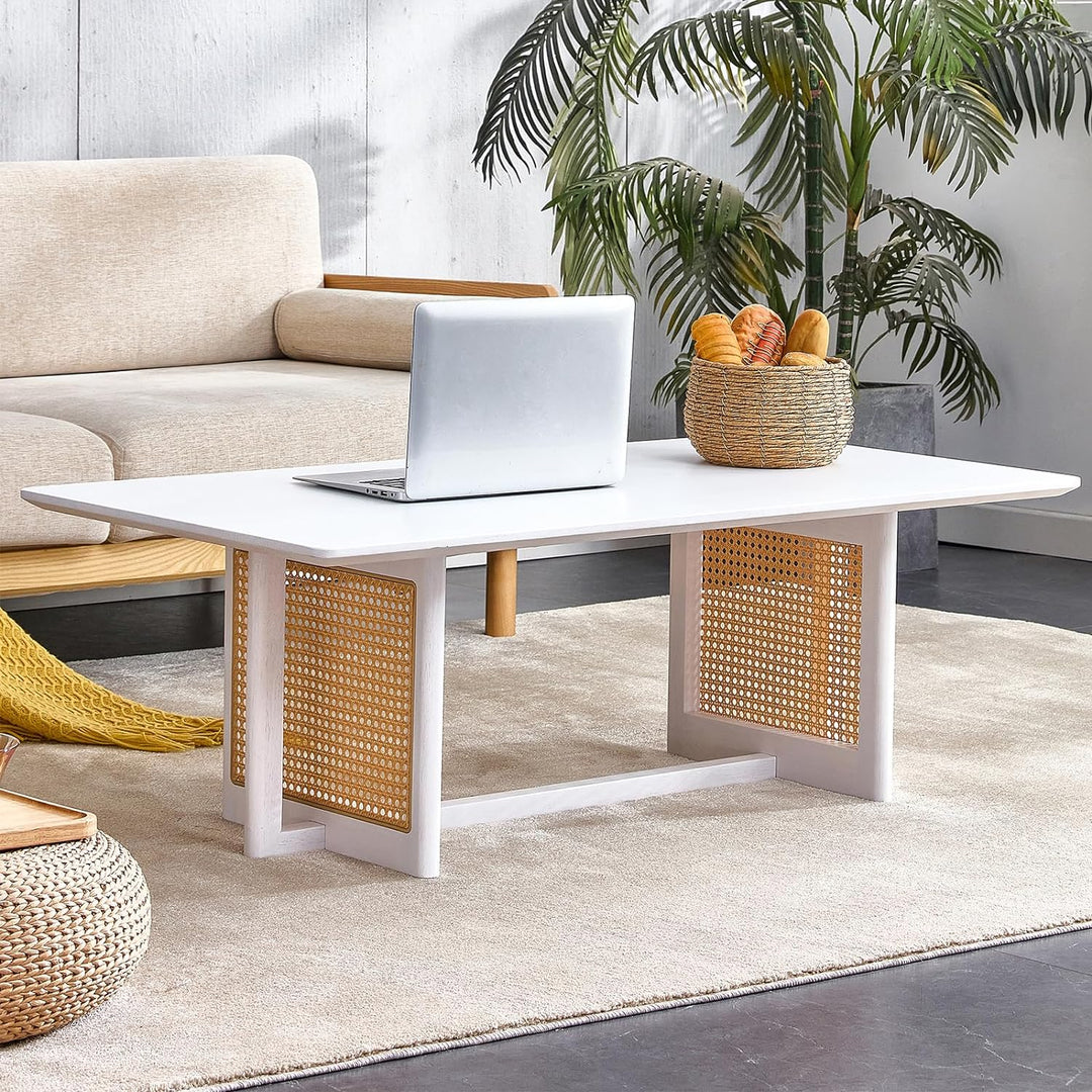 Modern Imitation Rattan Coffee Table, Rectangular Solid Wood, A-white