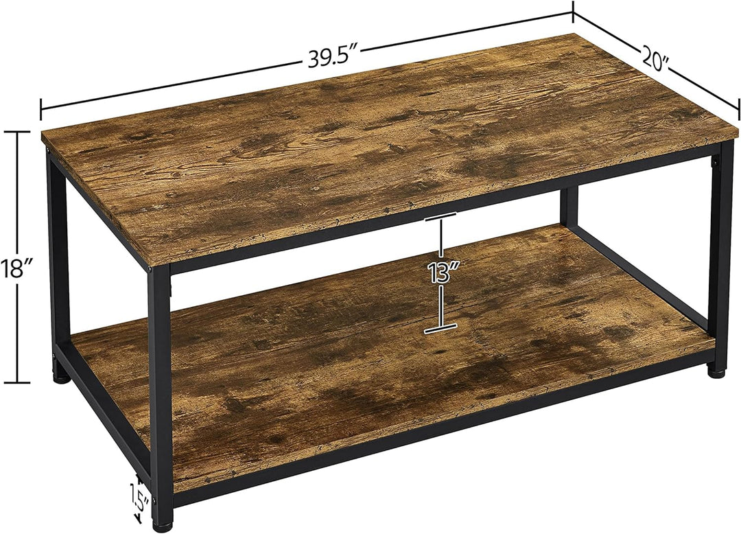 Rustic 2-Tier Industrial Coffee Table with Storage Shelf, Rectangular Side End Table