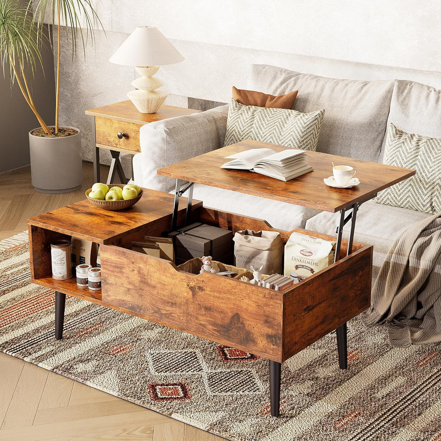 Lift Top Coffee Table with Hidden Storage, Adjustable Laptop Desk, Rust