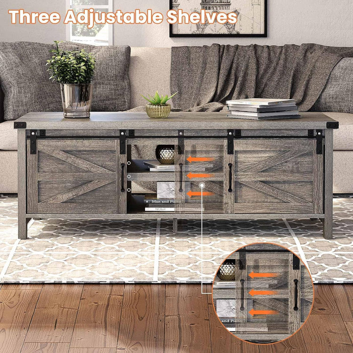 Farmhouse Coffee Table with Hidden Storage, Sliding Doors, Dark Grey