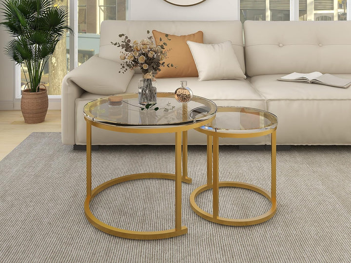 Nesting Round Coffee Table Set, Stacking Side Tables with Glass Tabletop and Golden Metal Frame