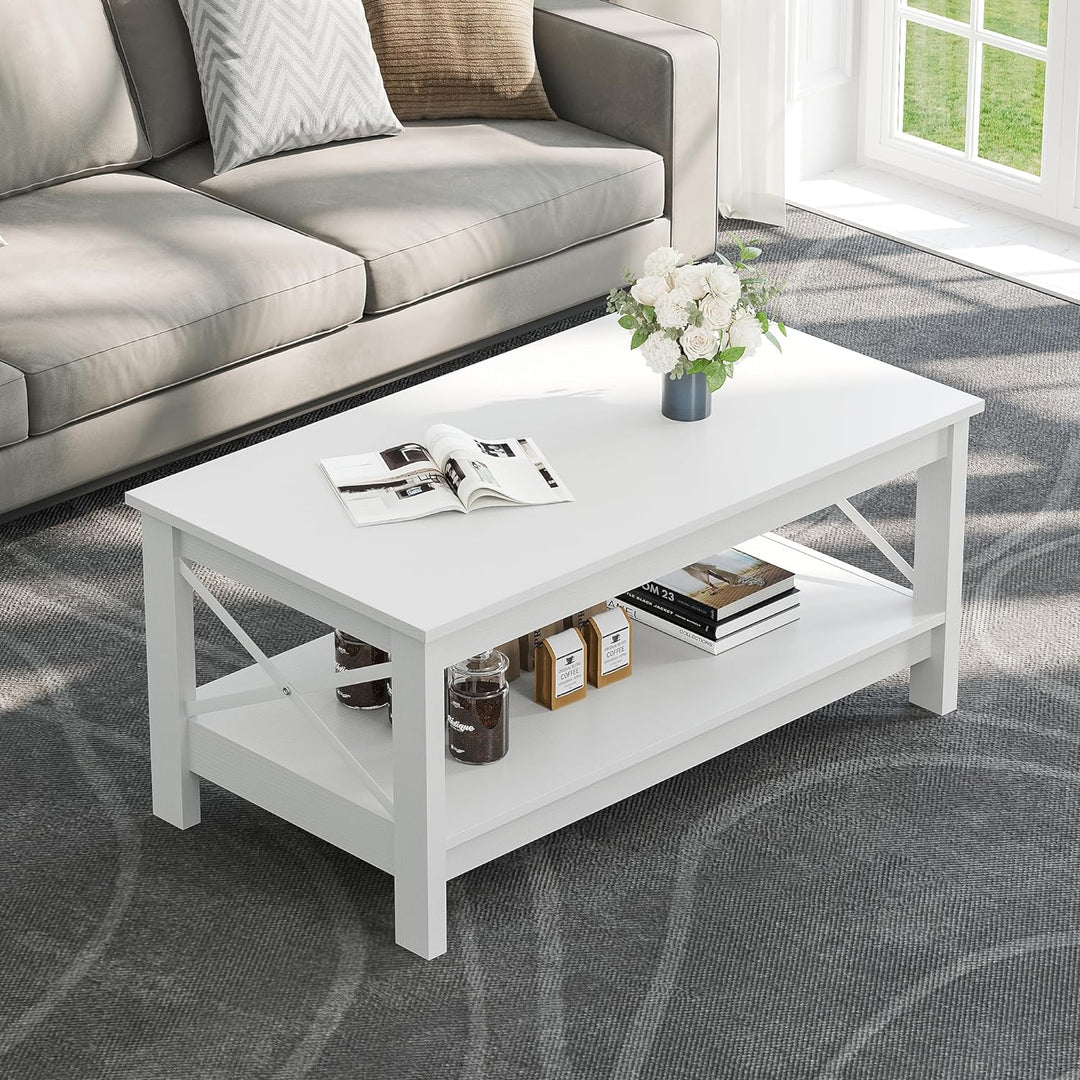 YITAHOME Modern Farmhouse Coffee Table with Storage, Wood Accent Cocktail Table, White