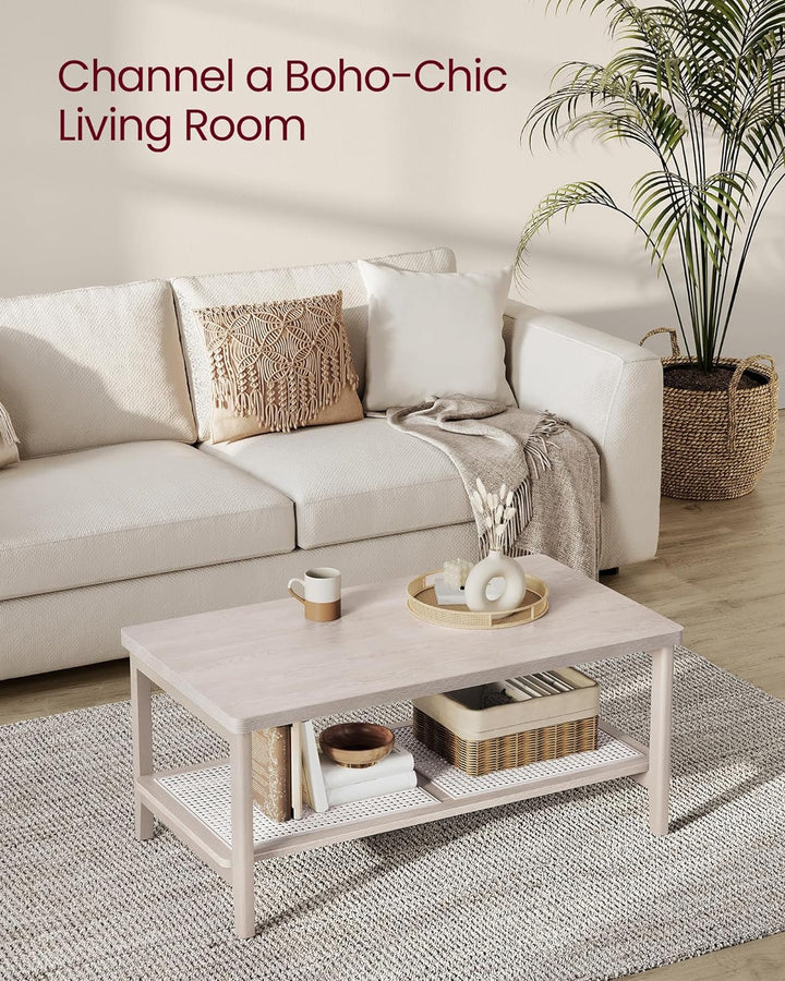 Stylish 2-Tier Coffee Table, Rectangular Center Table, Oatmeal Beige