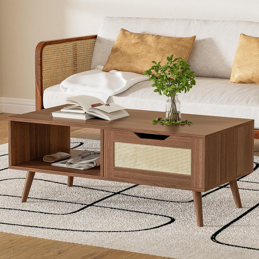 Rustic Rattan Coffee Table, Mid-Century Modern, Brown