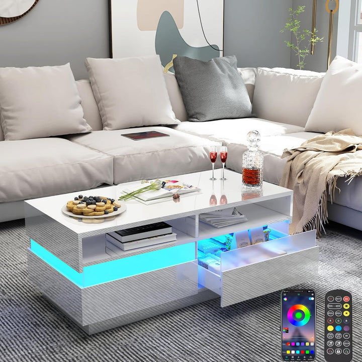 Modern High Gloss White LED Coffee Table with Storage Drawers