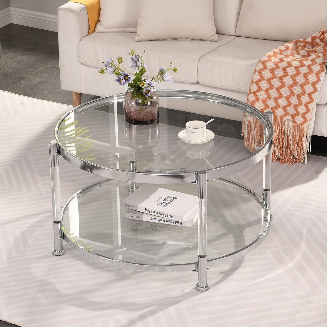 Tempered Glass Round Coffee Table, Modern Acrylic Legs