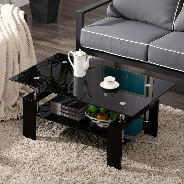 Living Room Glass Coffee Table, Tempered Glass Top, 2-Tier Shelf, Black