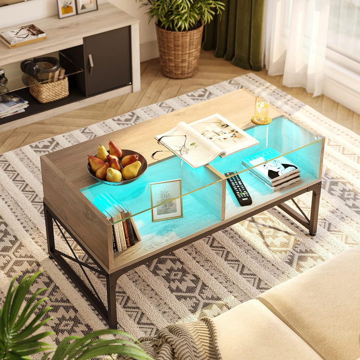 Bestier Wood Coffee Table with Glass Top, LED Lighting, Grey Wash