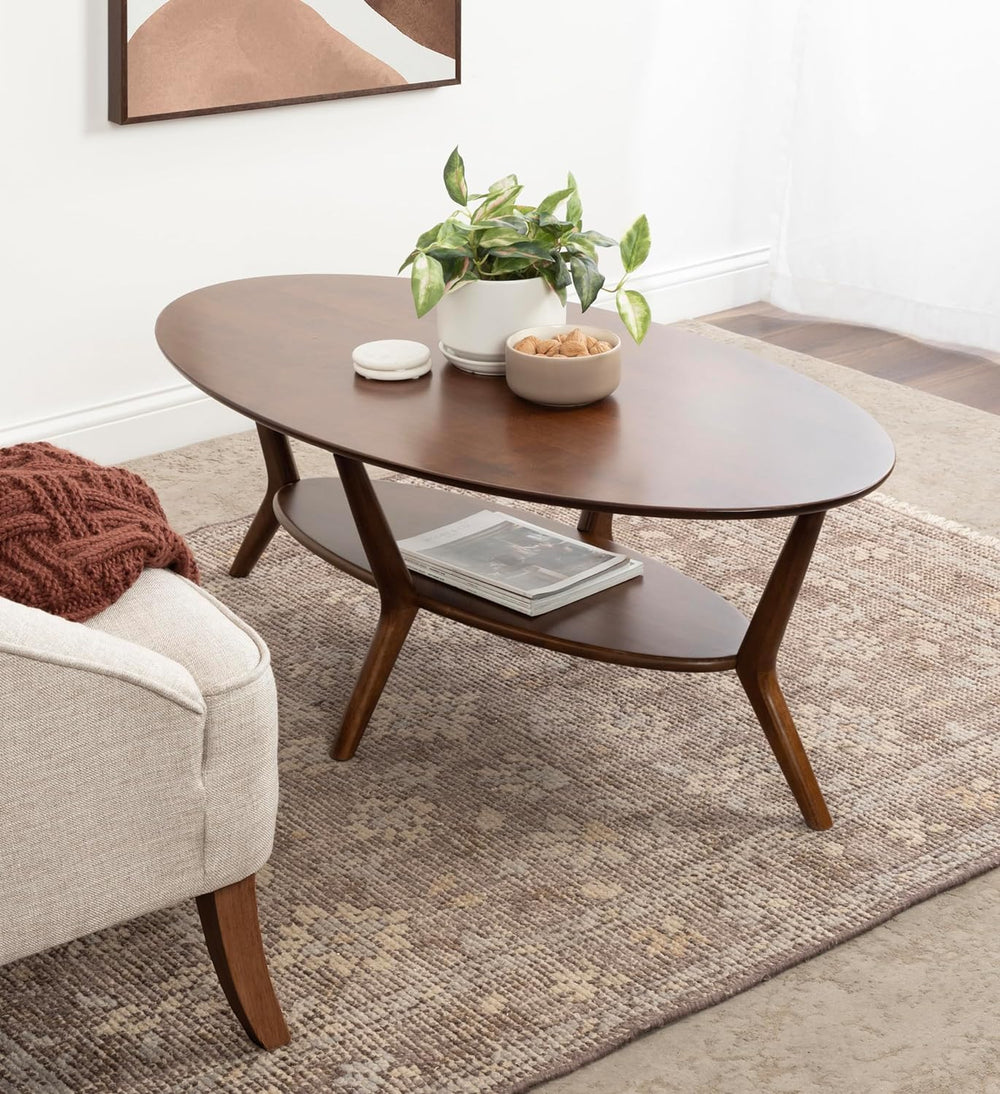 Nylah Mid-Century Modern Oval Coffee Table with Storage, Walnut Brown