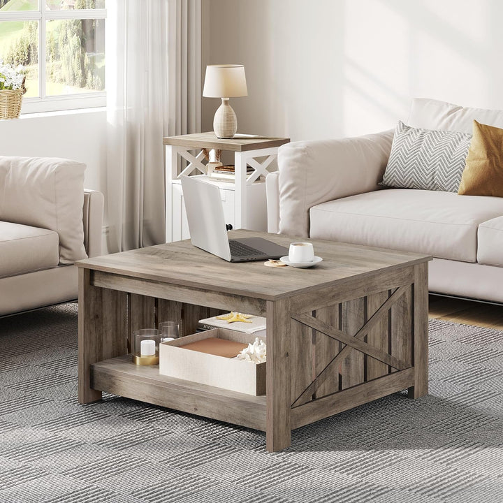 YITAHOME Farmhouse Coffee Table with Storage, Rustic Grey