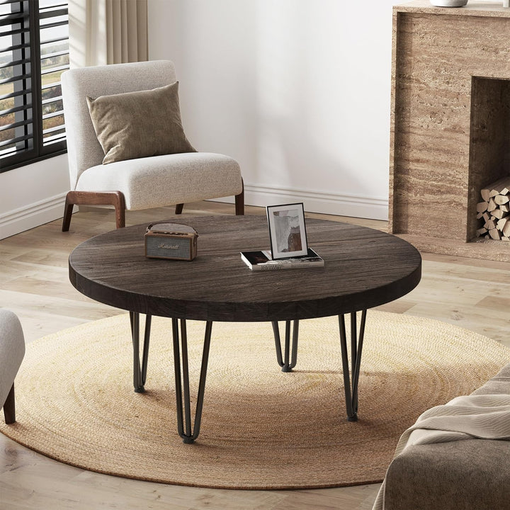 Rustic Wood Round Coffee Table, Solid Elm Top, Metal Legs, Walnut