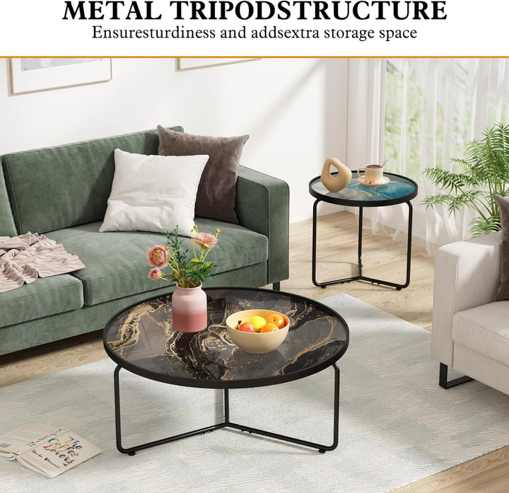 Black Coffee Table and Blue End Table, Modern Nesting Table Set