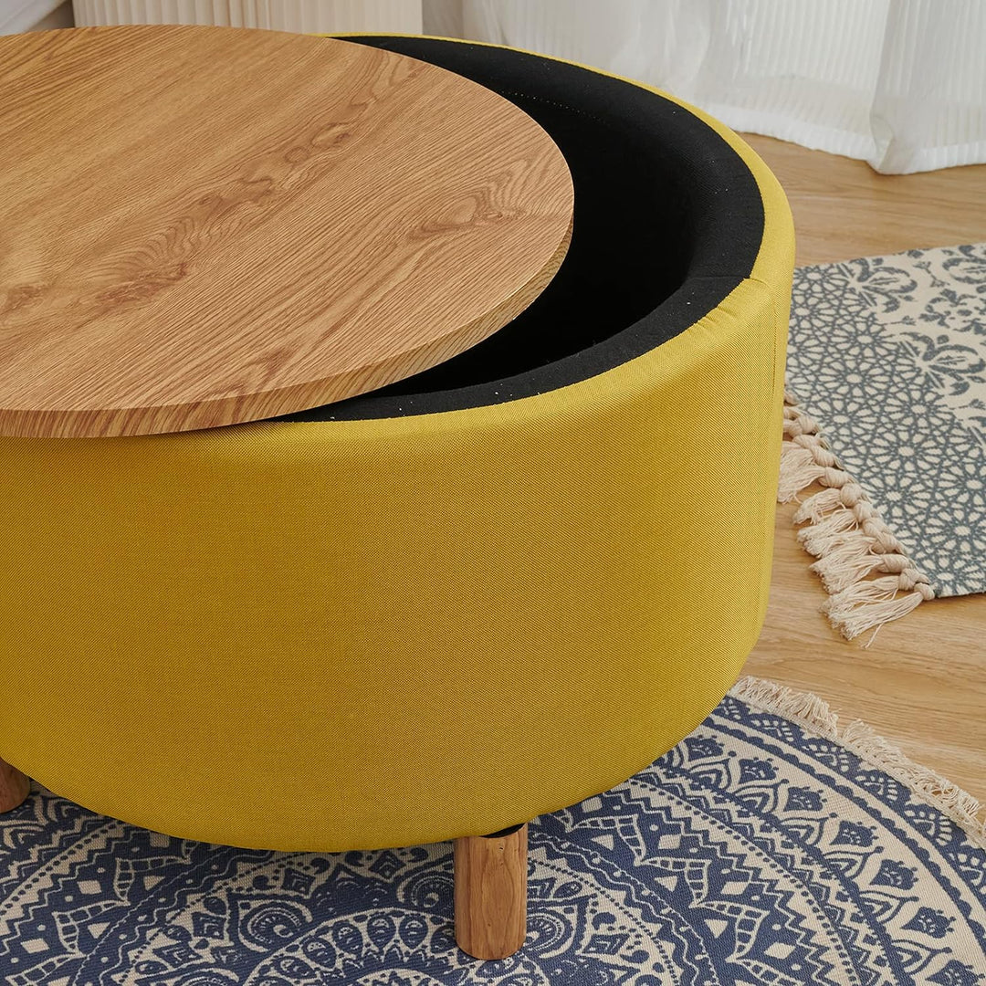 Round Coffee Table with Storage, Multi-Function Ottoman, Natural Color