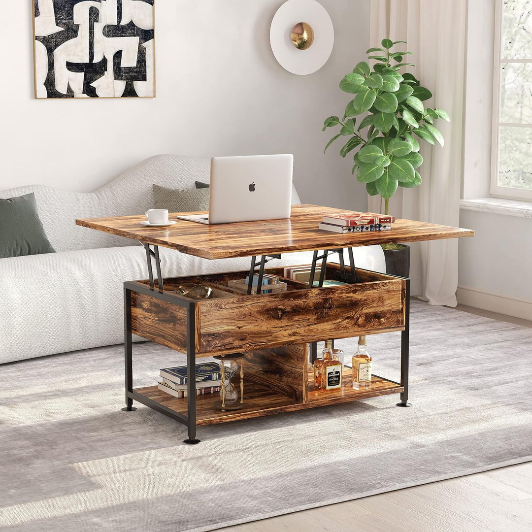 Lift-Top Coffee Table w/ Hidden Compartment, Modern Dining Table, Rustic Brown