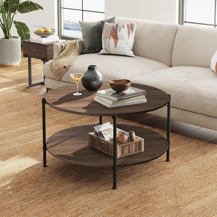 Stylish 2-Tier Coffee Table with Storage Shelf, Brown Walnut