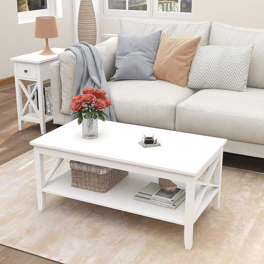 Rectangular Modern Coffee Table with Storage Shelf, Classic X Design (White)