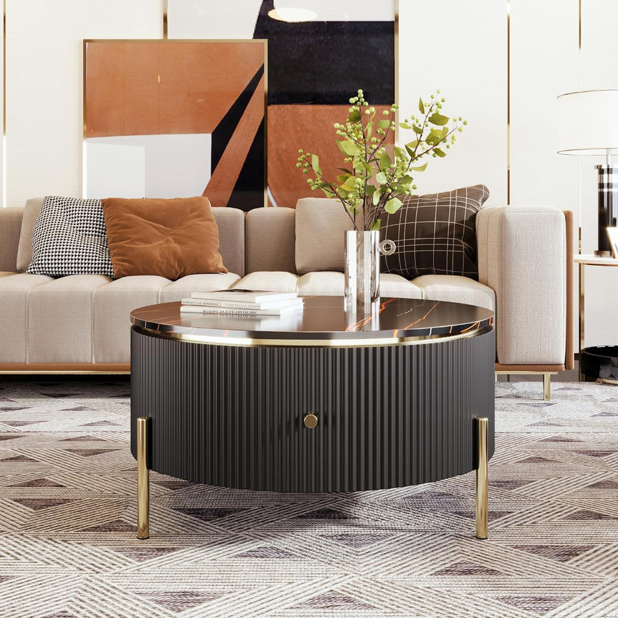 Coffee Table with Storage, Modern Accent Table, Black, Round