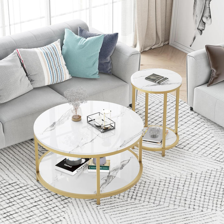 Round Side Table, Modern Nightstand End Table with Gold Metal Frame &Faux Marble Top