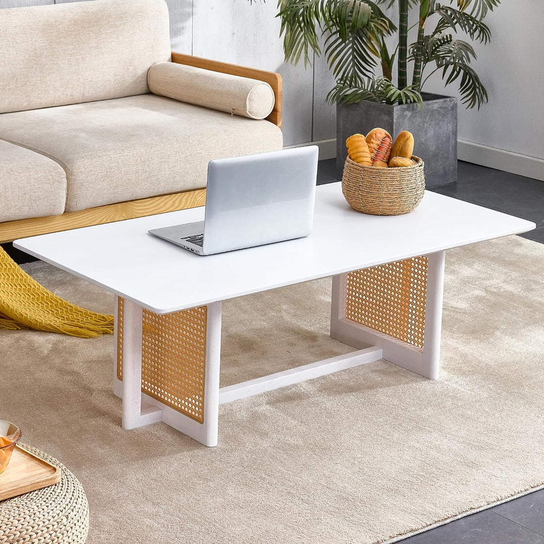 Mid-Century Modern Wood Coffee Table with PE Rattan, White