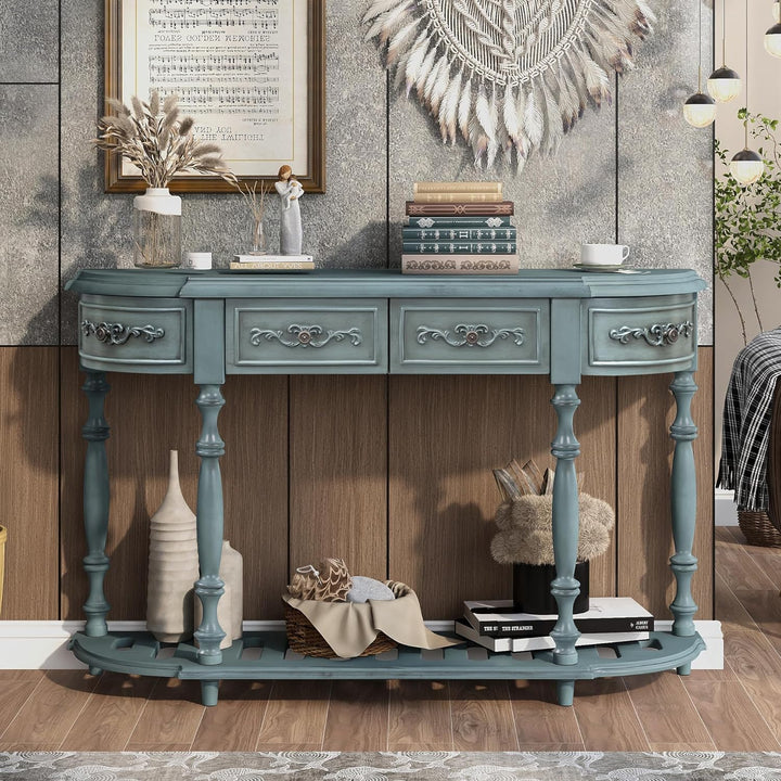 Retro Curved Console Table, Antique Blue