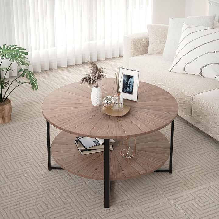 Round Wood Coffee Table with Storage Open Shelf, Brown