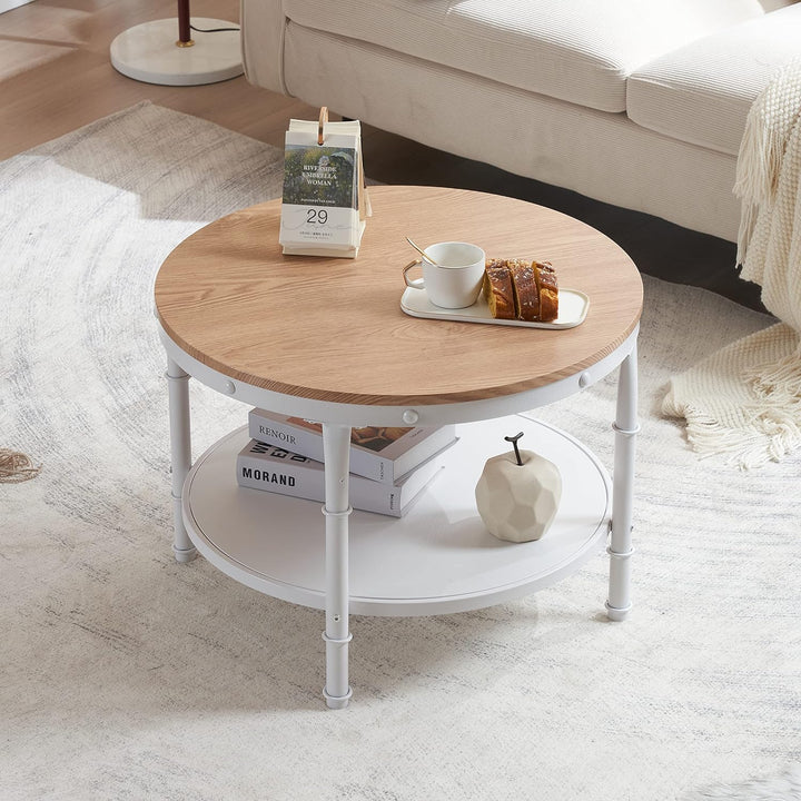 Rustic Farmhouse Coffee Table with 2-Tier Storage, Natural White