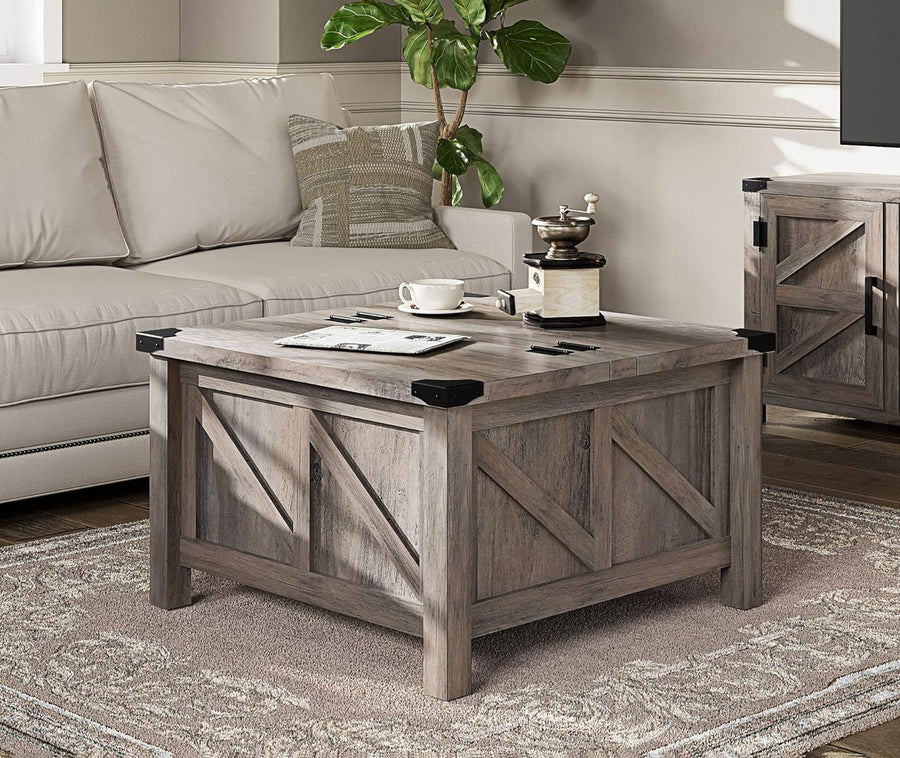 Rustic Farmhouse Coffee Table with Lift Top, Wash Grey