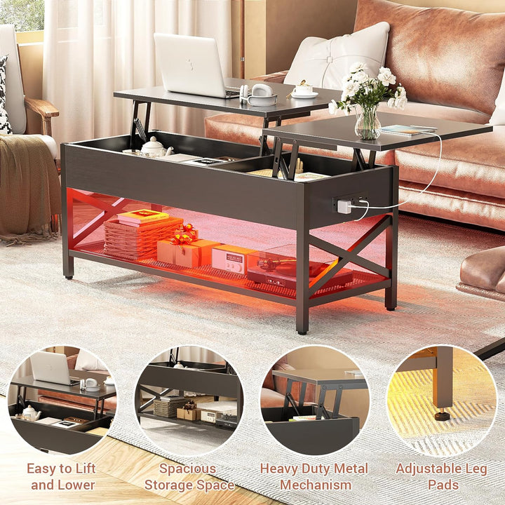 Stylish Lift-Top Coffee Table with Storage, LED Lighting & Power Outlet, Black