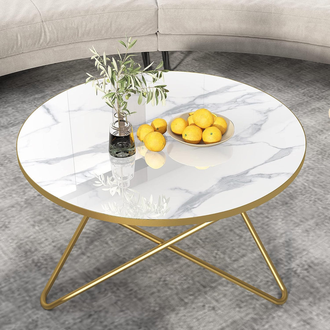 Elegant Round Coffee Table with White Marble-Look Top