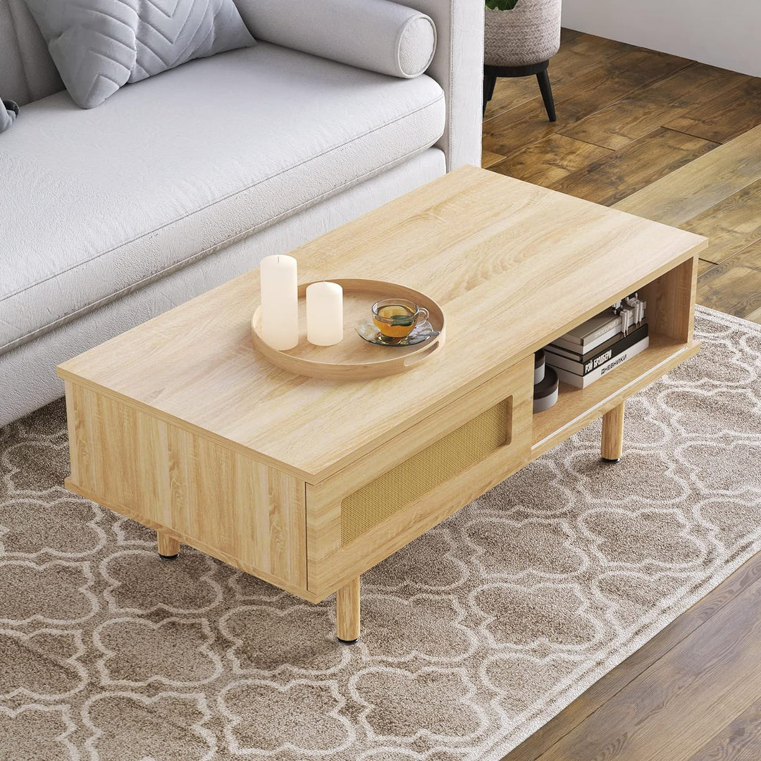 Mid-Century Modern Coffee Table with Sliding Door, Rattan Wood